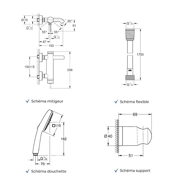 GROHE - Mitigeur baignoire mécanique Essence avec colonnettes Idro'Flex + Douchette 2 jets Comfort + Flexible + Support - large