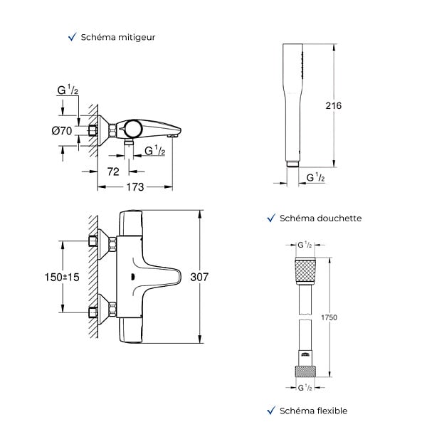 GROHE - Mitigeur baignoire thermostatique Precision Trend avec colonnettes Idro'Flex + Douchette 1 jet + Flexible - large