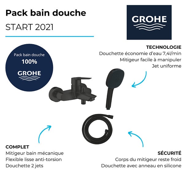 GROHE - Mitigeur bain douche mécanique Start 2021 noir mat + Douchette 2 jets Vitalio Comfort 110 + Flexible - large