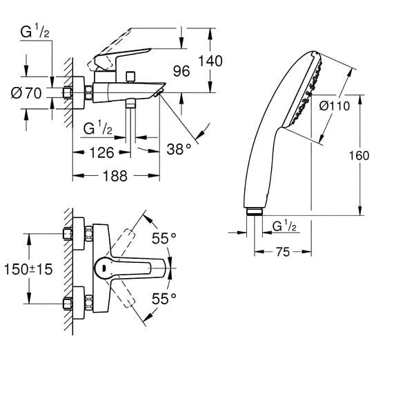 GROHE - Mitigeur bain douche mécanique Start 2021 noir mat + Douchette 2 jets Vitalio Comfort 110 + Flexible - large