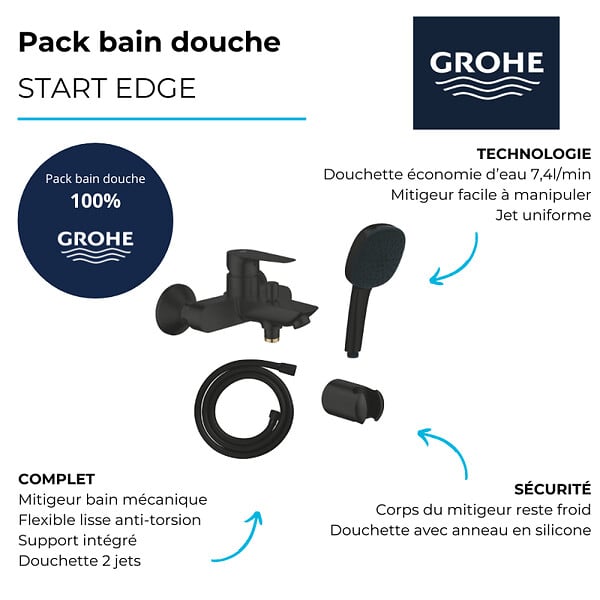 GROHE - Mitigeur bain douche mécanique Start Edge 2020 noir mat + Douchette 2 jets Vitalio Comfort 110 avec flexible et support - large
