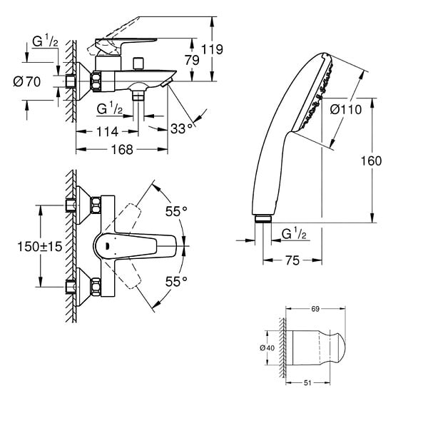 GROHE - Mitigeur bain douche mécanique Start Edge 2020 noir mat + Douchette 2 jets Vitalio Comfort 110 avec flexible et support - large
