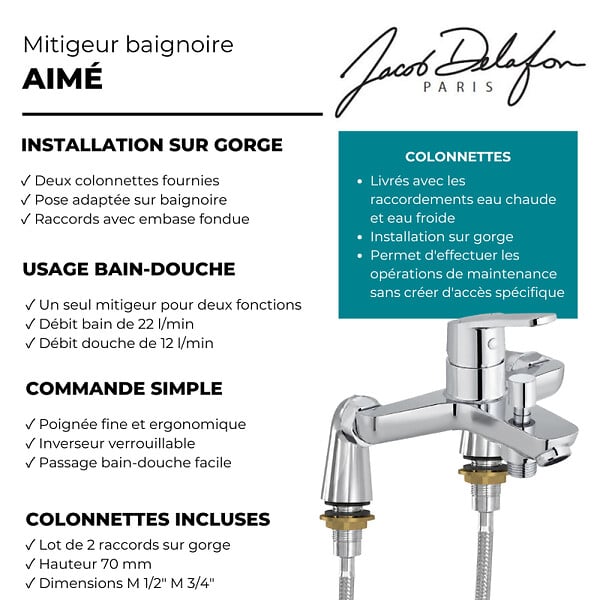 JACOB DELAFON - Mitigeur baignoire Aimé avec colonnettes Idro'Flex - large