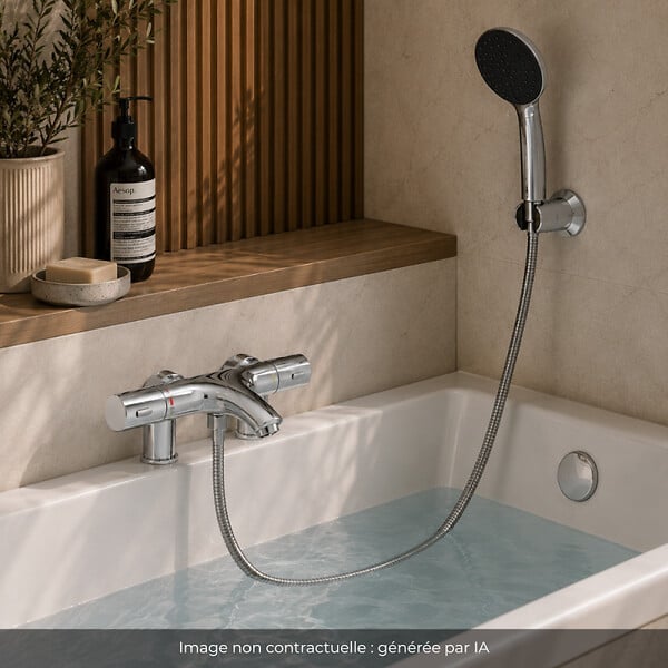 GROHE - Mitigeur baignoire thermostatique Precision Trend avec colonnettes Idro'Flex + Douchette 2 jets Start + Flexible + Support - large