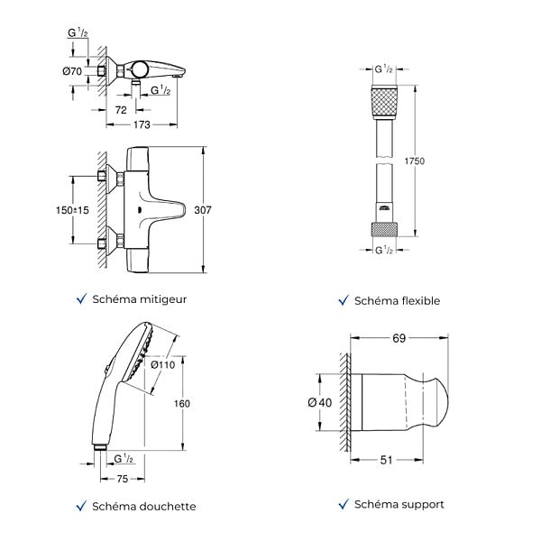 GROHE - Mitigeur baignoire thermostatique Precision Trend avec colonnettes Idro'Flex + Douchette 2 jets Start + Flexible + Support - large