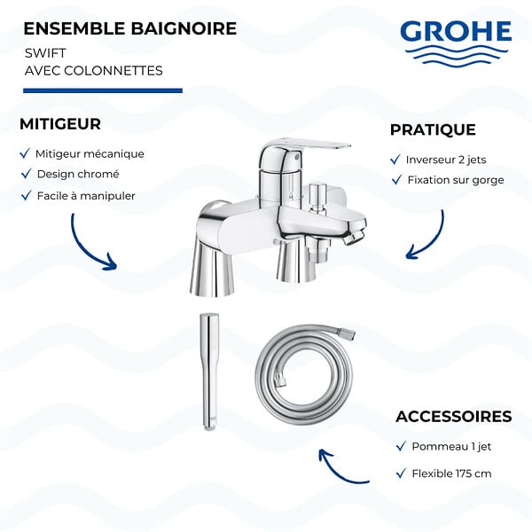 GROHE - Mitigeur baignoire mécanique Swift avec colonnettes Idro'Flex + Douchette 1 jet + Flexible - large