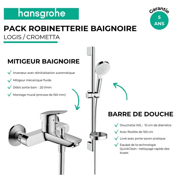 HANSGROHE - Pack mitigeur baignoire mécanique Logis + Ensemble de douche Crometta 2 jets blanc/chromé - large