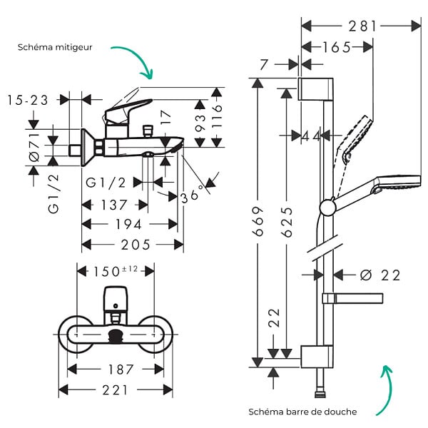 HANSGROHE - Pack mitigeur baignoire mécanique Logis + Ensemble de douche Crometta 2 jets blanc/chromé - large