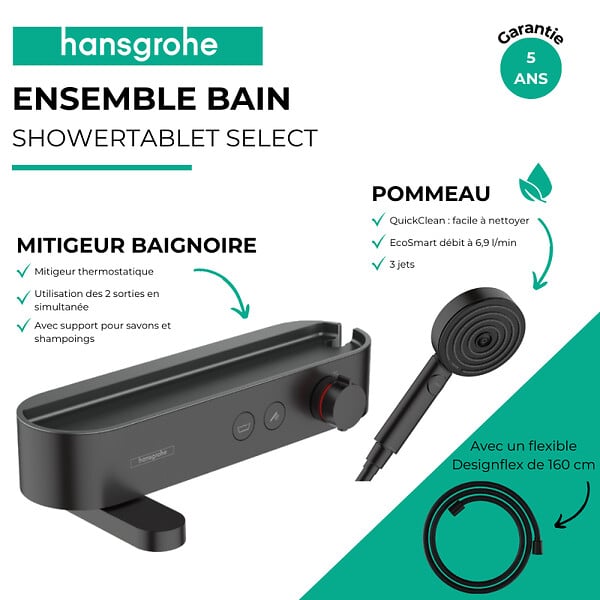 HANSGROHE - Pack mitigeur bain douche thermostatique ShowerTablet Select + Flexible Designflex + Douchette Pulsify 3 jets Noir mat - large