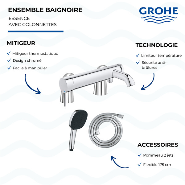 GROHE - Mitigeur baignoire mécanique Essence avec colonnettes Idro'Flex + Douchette 2 jets Comfort + Flexible - large