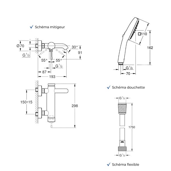GROHE - Mitigeur baignoire mécanique Essence avec colonnettes Idro'Flex + Douchette 2 jets Comfort + Flexible - large