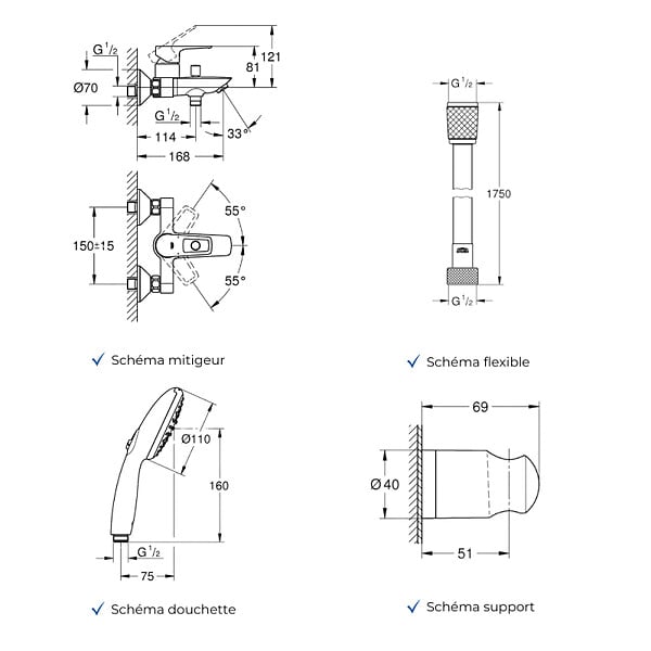 GROHE - Mitigeur baignoire mécanique Start Loop avec colonnettes Idro'Flex + Douchette 2 jets Start + Flexible + Support - large