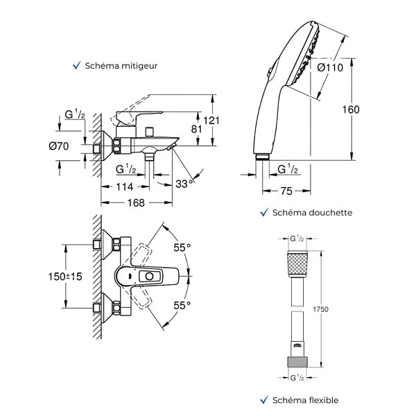 GROHE - Mitigeur baignoire mécanique Start Loop avec colonnettes Idro'Flex + Douchette 2 jets Start + Flexible - large