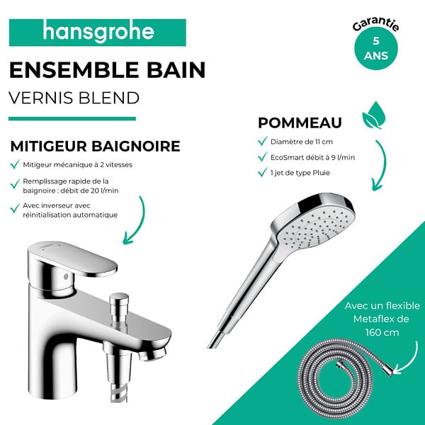 HANSGROHE - Pack mitigeur bain douche mécanique Vernis Blend C2 + Pommeau de douche Croma 110 + Flexible Metaflex chromé - large