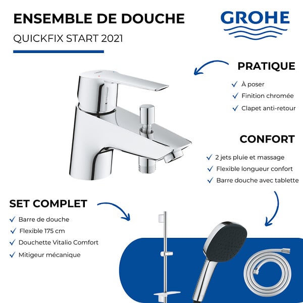 GROHE - Pack mitigeur BD mécanique Quickfix Start + Douchette Vitalio Comfort 110 + Barre Quickfix Vitalio Smartactive + Flexible - large