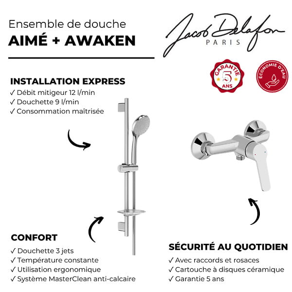 JACOB DELAFON - Mitigeur de douche Aimé  + ensemble de douche Awaken - large