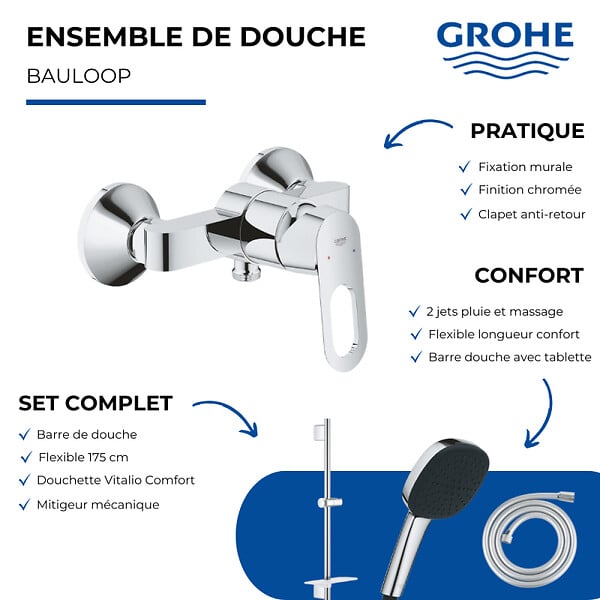 GROHE - Pack mitigeur douche monocommande BauLoop + Douchette Vitalio Comfort 110 + Barre Quickflix Vitalio Smartactive + Flexible - large