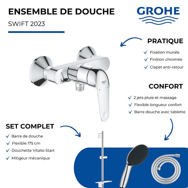 GROHE - Pack mitigeur douche mécanique Swift 2023 + Douchette Vitalio Start 110 + Barre Quickflix Vitalio Smartactive + Flexible - large