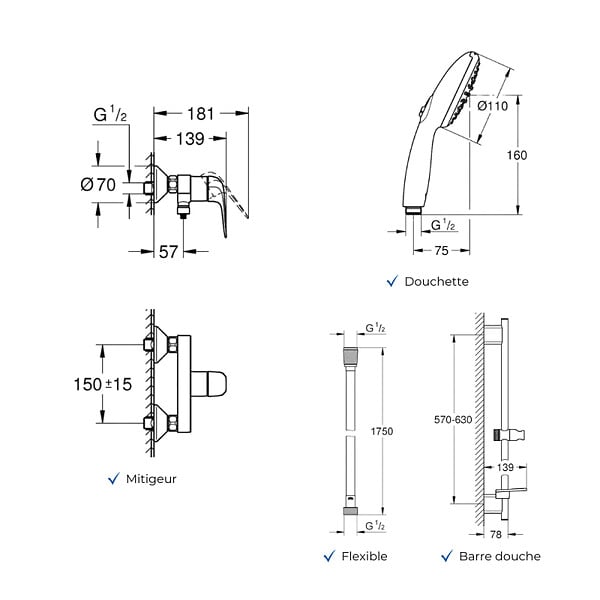 GROHE - Pack mitigeur douche mécanique Swift 2023 + Douchette Vitalio Start 110 + Barre Quickflix Vitalio Smartactive + Flexible - large