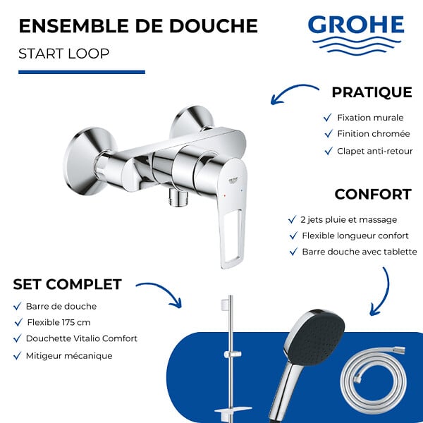 GROHE - Pack mitigeur douche mécanique StartLoop + Douchette Vitalio Comfort 110 + Barre Quickflix Vitalio Smartactive + Flexible - large