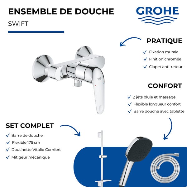GROHE - Pack mitigeur douche mécanique Swift + Douchette Vitalio Comfort 110 + Barre Quickflix Vitalio Smartactive + Flexible - large
