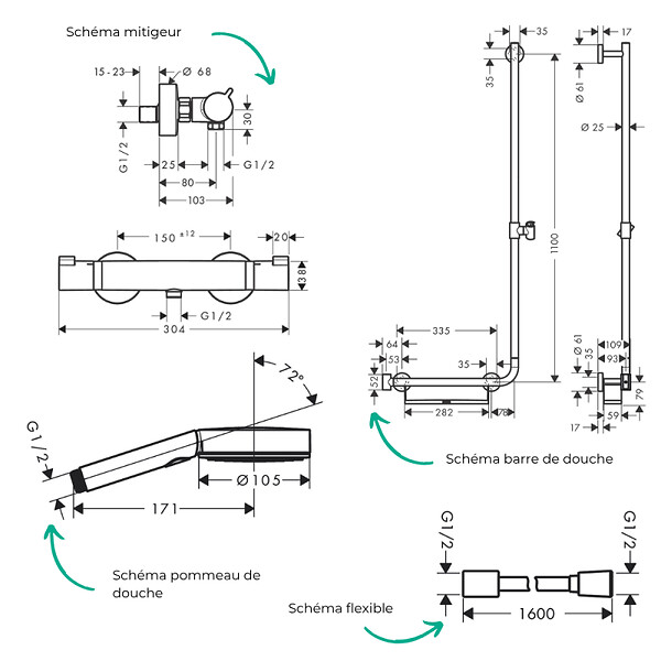 HANSGROHE - Mitigeur thermostatique Ecostat Comfort + Barre PMR Unica gauche + Pommeau Pulsify Select 3 jets + Flexible Metaflex - large
