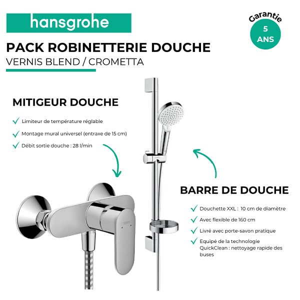 HANSGROHE - Pack mitigeur douche mécanique Vernis Blend chromé + Ensemble de douche Crometta 2 jets blanc/chromé - large