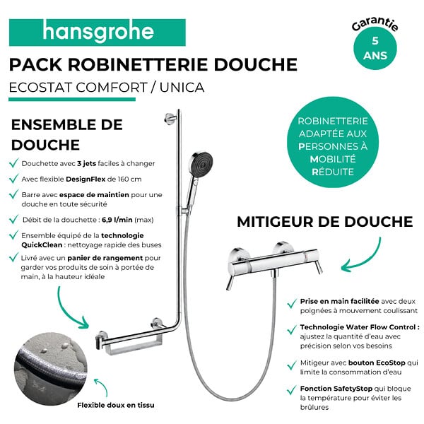 HANSGROHE - Mitigeur thermostatique Ecostat Comfort Care + Barre PMR Unica gauche + Pommeau Pulsify Select + Flexible Designflex - large
