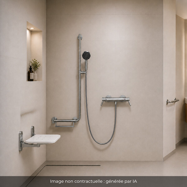 HANSGROHE - Mitigeur thermostatique Ecostat Comfort Care + Barre PMR Unica gauche + Pommeau Pulsify Select 3jets + Flexible Metaflex - large