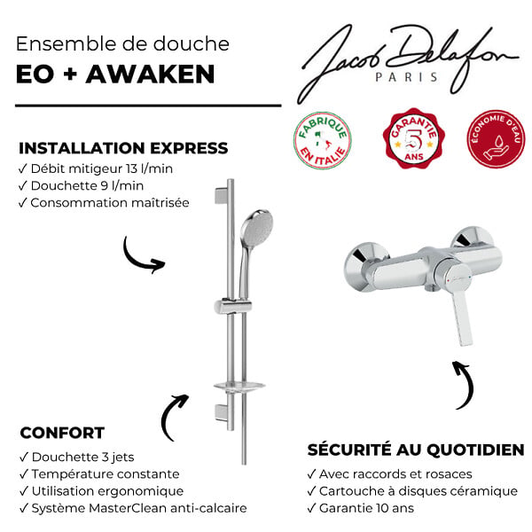 JACOB DELAFON - Mitigeur de douche Eo  + ensemble de douche Awaken - large