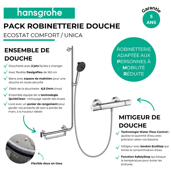 HANSGROHE - Mitigeur thermostatique Ecostat Comfort + Barre PMR Unica gauche + Pommeau Pulsify Select 3 jets + Flexible Designflex - large