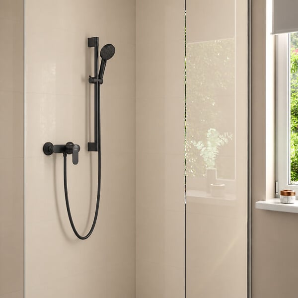 HANSGROHE - Pack mitigeur douche mécanique Vernis Blend + Ensemble pommeau Vernis Blend EcoSmart 2 jets avec barre noir mat - large