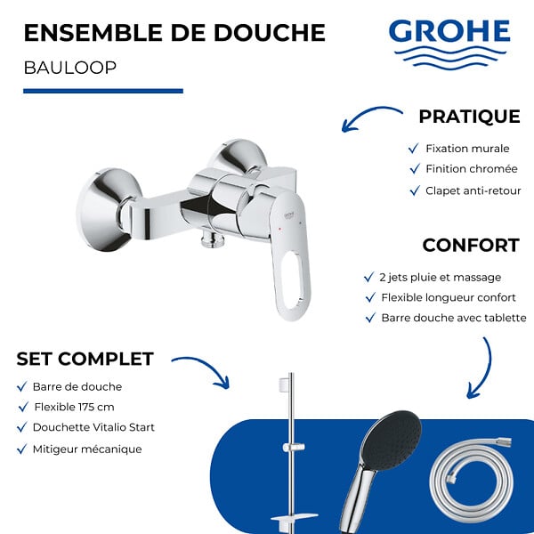 GROHE - Pack mitigeur douche monocommande BauLoop + Douchette Vitalio Start 110 + Barre Quickflix Vitalio Smartactive + Flexible - large