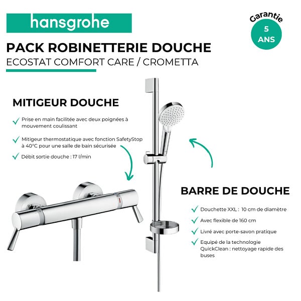 HANSGROHE - Pack mitigeur douche thermostatique Ecostat Comfort Care chromé + Ensemble de douche Crometta 2 jets blanc/chromé - large