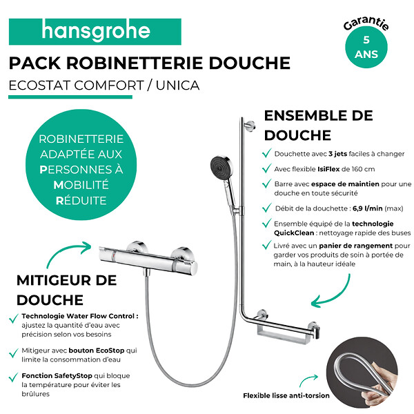 HANSGROHE - Mitigeur thermostatique Ecostat Comfort + Barre PMR Unica droite + Pommeau Pulsify Select 3 jets + Flexible Isiflex - large