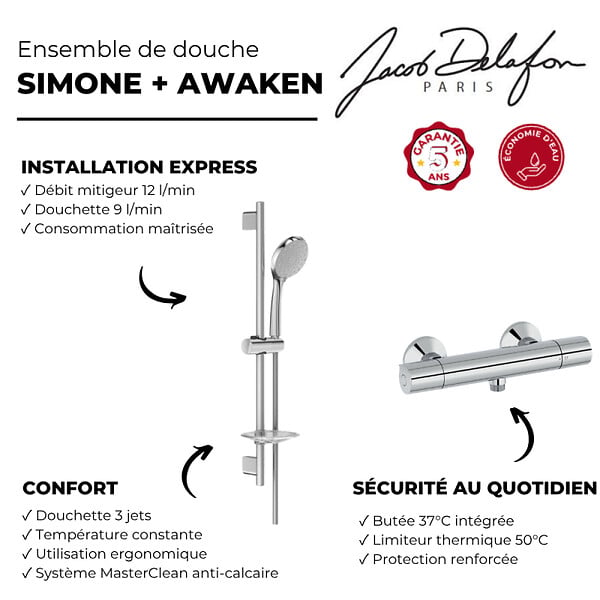 JACOB DELAFON - Mitigeur de douche thermostatique Simone + ensemble de douche Awaken - large