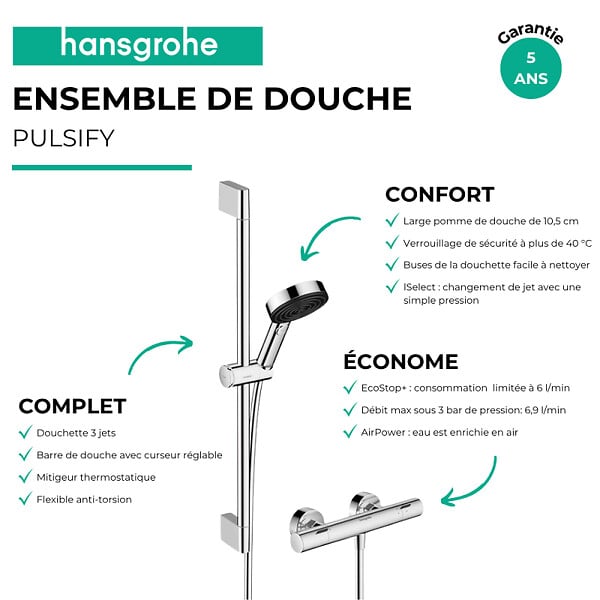 HANSGROHE - Pack mitigeur douche thermostatique Ecostat Comfort chromé + Ensemble de douche Crometta 2 jets blanc/chromé - large