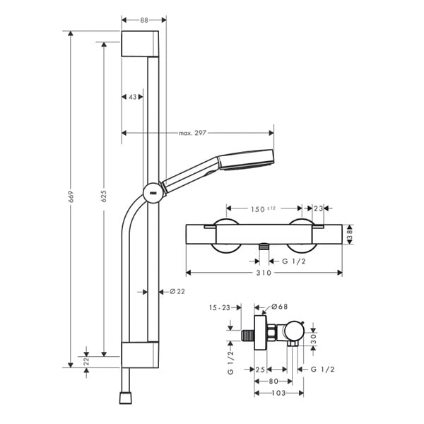 HANSGROHE - Pack mitigeur douche thermostatique Ecostat Comfort chromé + Ensemble de douche Crometta 2 jets blanc/chromé - large