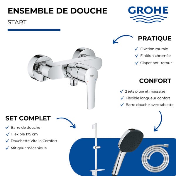 GROHE - Pack mitigeur douche mécanique Start + Douchette Vitalio Comfort 110 + Barre Quickflix Vitalio Smartactive + Flexible - large
