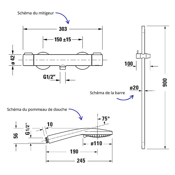 DURAVIT - Pack mitigeur douche thermostatique 1000 + Barre 90 cm + Pommeau 3 jets + Flexible 160 cm Bronze brossé - large
