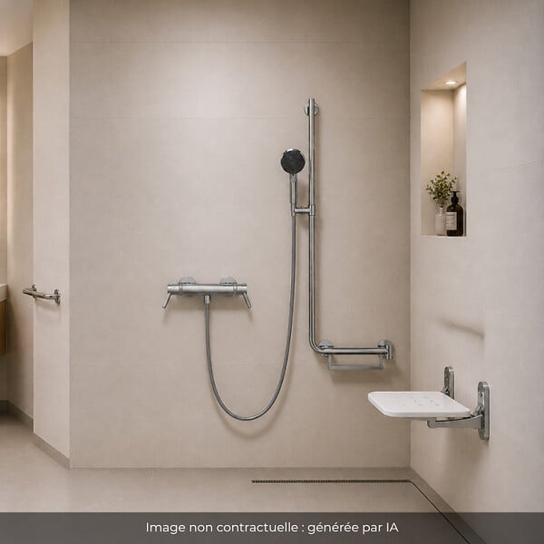 HANSGROHE - Mitigeur thermostatique Ecostat Comfort Care + Barre PMR Unica droite + Pommeau Pulsify Select + Flexible Designflex - large