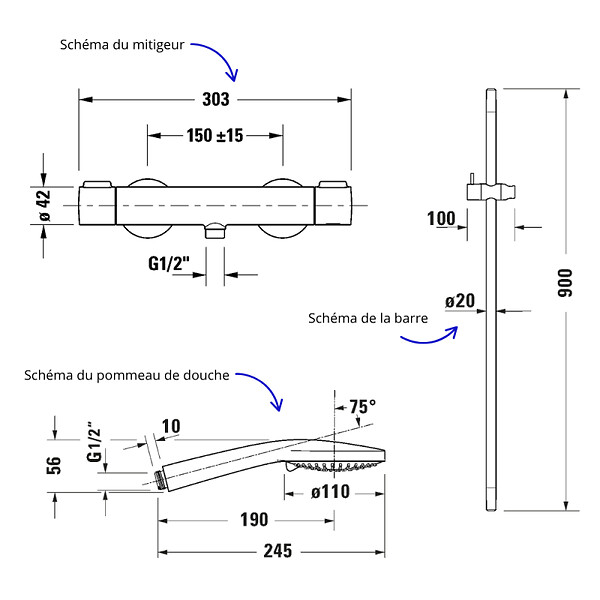 DURAVIT - Pack mitigeur douche thermostatique 1000 + Barre 90 cm + Pommeau 3 jets + Flexible 160 cm Inox brossé - large