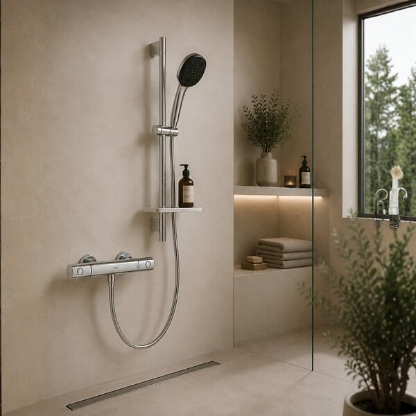 GROHE - Pack mitigeur douche thermostatique Quickfix Precision Flow + Douchette Vitalio Comfort 110 + Barre Quickfix + Flexible - large