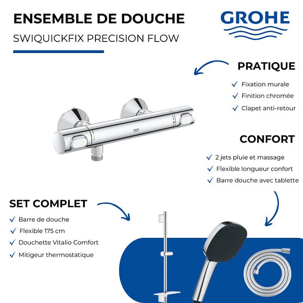 GROHE - Pack mitigeur douche thermostatique Quickfix Precision Flow + Douchette Vitalio Comfort 110 + Barre Quickfix + Flexible - large