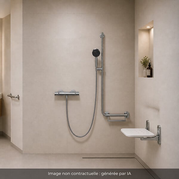 HANSGROHE - Mitigeur thermostatique Ecostat Comfort + Barre PMR Unica droite + Pommeau Pulsify Select 3 jets + Flexible Designflex - large