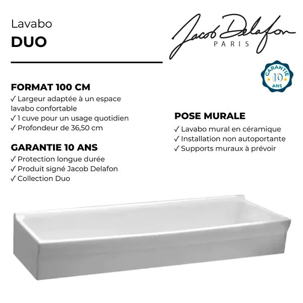 JACOB DELAFON - Lavabo suspendu Duo céramique blanc avec paire d'équerres réglables - large