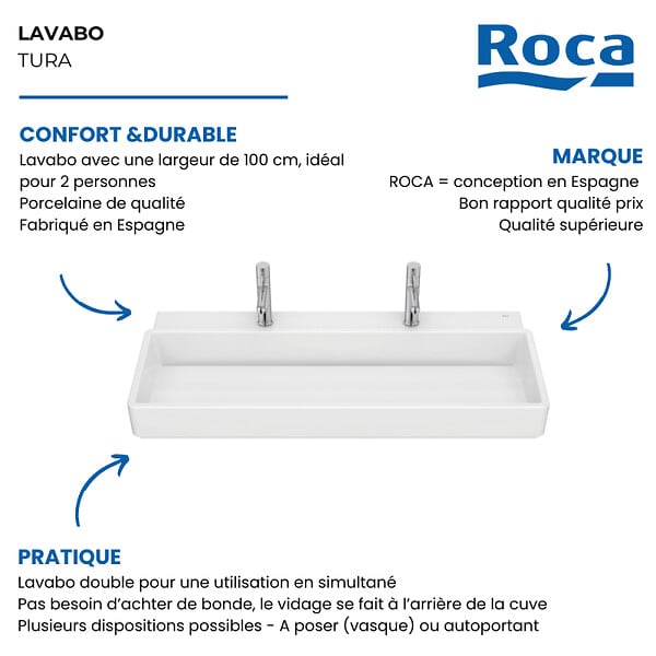 ROCA - Lavabo mural autoportant percé 2 trous Tura blanc brillant 100 cm - large