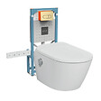 VITRA - Pack WC lavant suspendu sans bride avec abattant et attentes électriques VitrA V-Care Ultra blanc + bâti autoportant V-Fix Easy + plaque or brossé - vignette