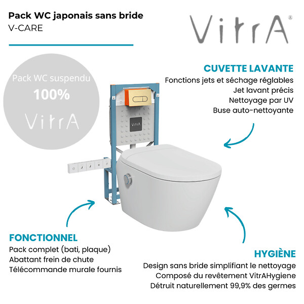 VITRA - Pack WC lavant suspendu sans bride avec abattant et attentes électriques VitrA V-Care Ultra blanc + bâti autoportant V-Fix Easy + plaque or brossé - large