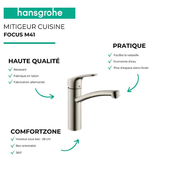 HANSGROHE - Evier 1 bac 840 S52 synthèse noir + robinet de cuisine Focus M41 160 aspect acier inox - large